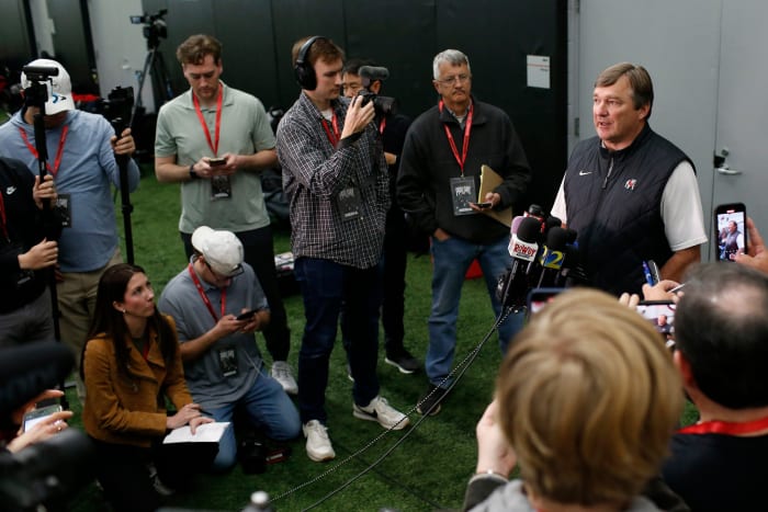 Georgia coach Kirby Smart speaks with the media during Georgia football's Pro Day in Athens, Ga., on Wednesday, March 13, 2024.